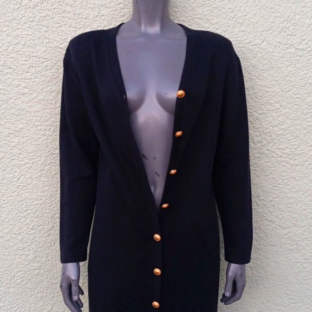 ALLISON GRAY LADIES VINTAGE BLACK V NECK (11) GOLD BUTTON SWEATER DRESS (USA)
